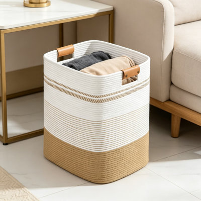 Cotton Woven Laundry Hamper, Tall Laundry Basket with Leather Handles, Rectangle Clothes Organizer for Bedroom, Nursery, Living Room