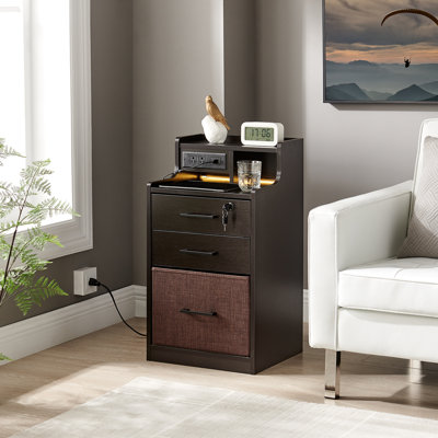 Wrought Studio™ 2 Drawer LED Nightstand, Night Stand With Fast Charging, 3 USB Ports And 2 Power Outlets, Bedside Table With Open Shelf, 29 Inch Nightstand With Lock For Bedroom, Espresso Color