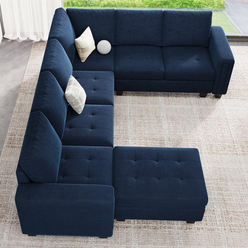 Canapé modulaire en L avec canapé-lit de rangement en L 6 pièces Shavera, Velours bleu