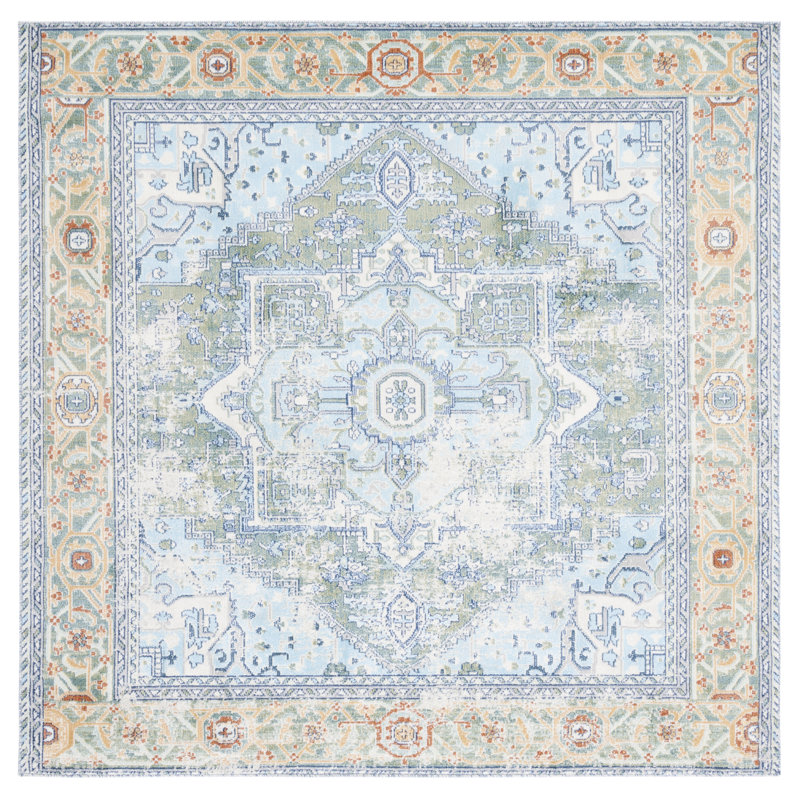 Emelly Oriental Green/Blue Area Rug, Square 6'7"