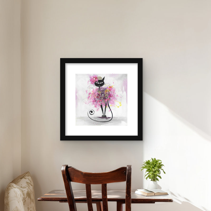 Dessin de chat avec des fleurs roses - impression encadrée avec passe-partout
