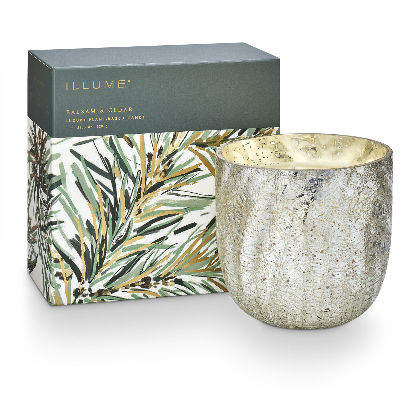 Balsam Cedar Scented Candle, Large Boxed Crackle Glass