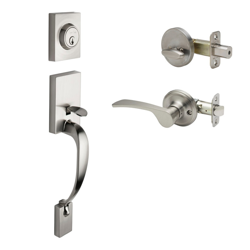 Jeu poignées avec verrou cylindrique simple et levier et rosette de porte, Acier inoxydable satiné, Gauche