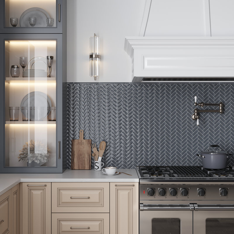 11"X 12.6" Herringbone Polished Glass Mosaic Tile, Dark Gray