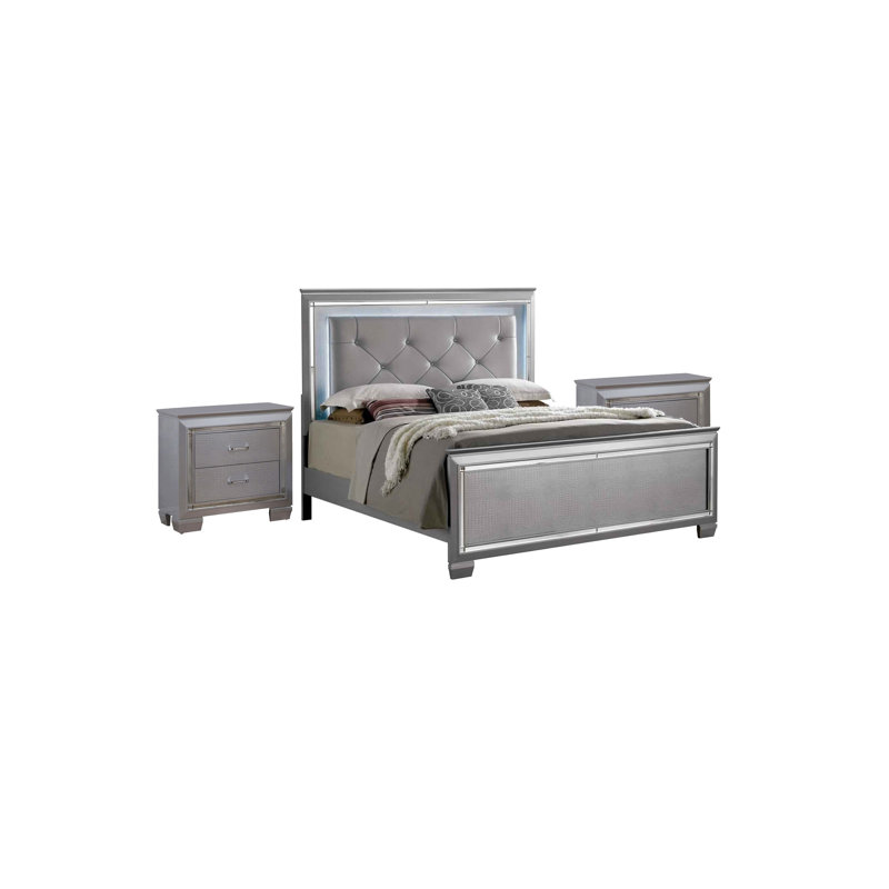 Ensemble de chambre à coucher pour très grand lit 3 pièces, bois gris, 2 tables de chevet