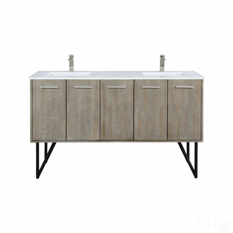 Ensemble de meuble-lavabo double l 60 po x P 20 po avec plateau en quartz blanc et robinet en nickel brossé, Nickel brossé