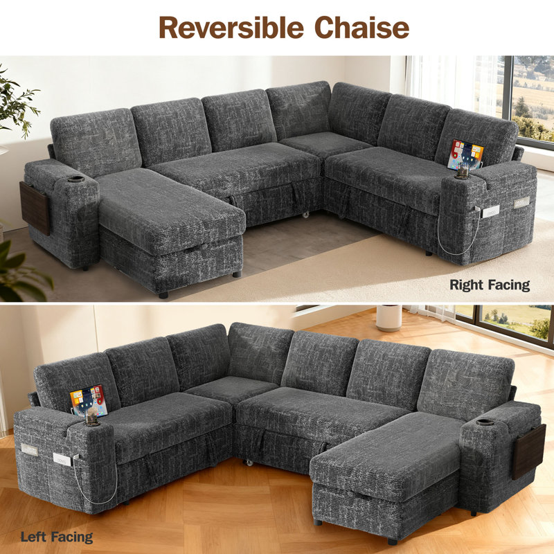 110" Modular Sectional Pull-Out Sofa With Side Table, Cupholders, Charging Ports, Gray