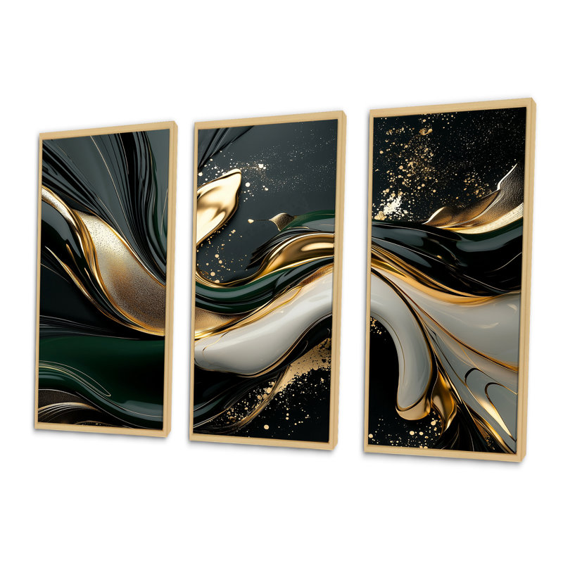 Or noir et noir captivant - ensemble d'art mural abstrait vagues modernes, 28" H x 36" W x 1" D