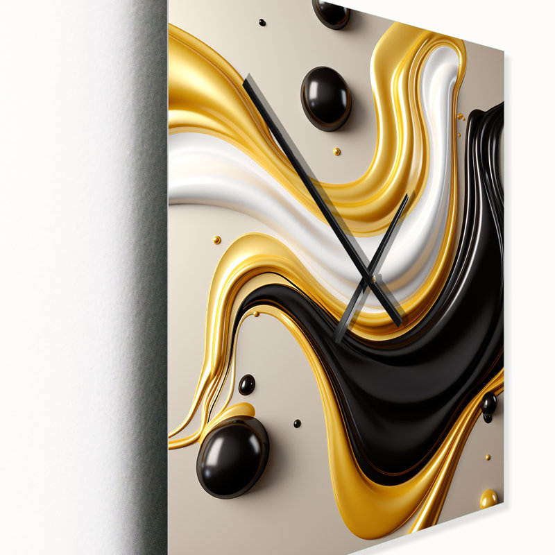 Liquide abstrait minimal en jaune blanc IV - Horloges murales à formes abstraites, Très grand