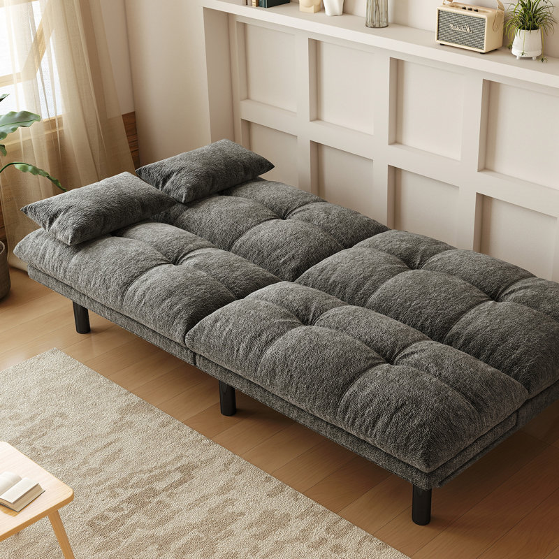 Futon Sofa Bed Convertible 70 Inch Solid Wood Couch For Living Room, Chenille Fabric, 2 Cushions, Gray