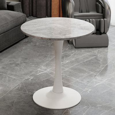 27.67 * 28.6 Inches Round Side Table With Marble - Effect Tabletop And Stable Pedestal, Suitable For Decor Like Surface White Good Holding Snacks