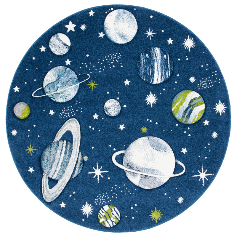 Carousel Kids Space Area Rug In Navy / Ivory, Round 160cm