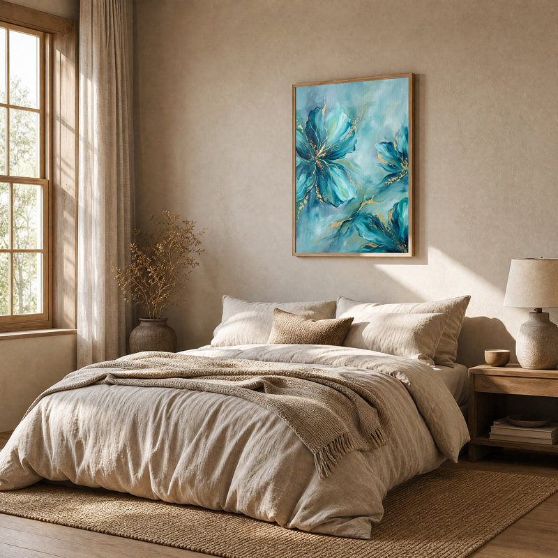 Toile abstraite sarcelle, fleurs avec veines dorées, art mural, H 24 po x l 18 po