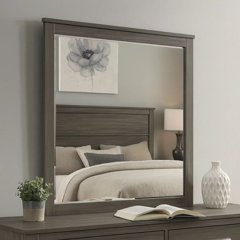 Structure en bois carrée miroir avec détails de grain, gris foncé et argent