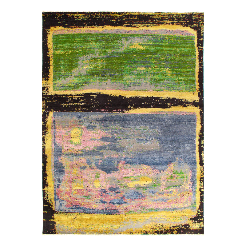 Tapis à main one-of-kind noué la vert/noir/doré 2 pi 1 po x 5 pi Hopland