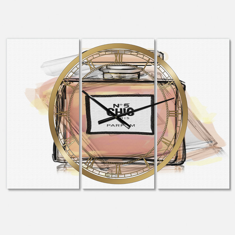 Horloge murale Chic Nr 5 Paris Parfum I - Large Fashion 3 Panels, Or / rose / noir