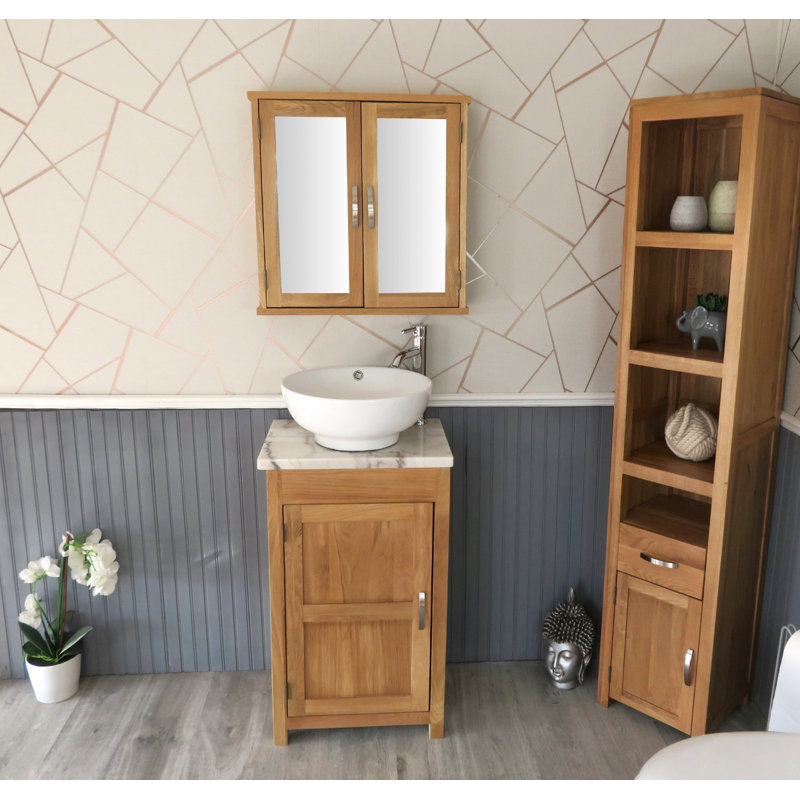Slimline Compact 515mm Free-standing Cloakroom Vanity Unit, Oak, White Marble