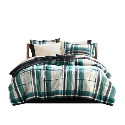 Twin Xl Plaid Comforter And Sheet - 7 Pcs Teal/Black Microfiber Bedding, Classic Design, Coordinating Solid Sheet, Proof Bed Piece Proof, ,