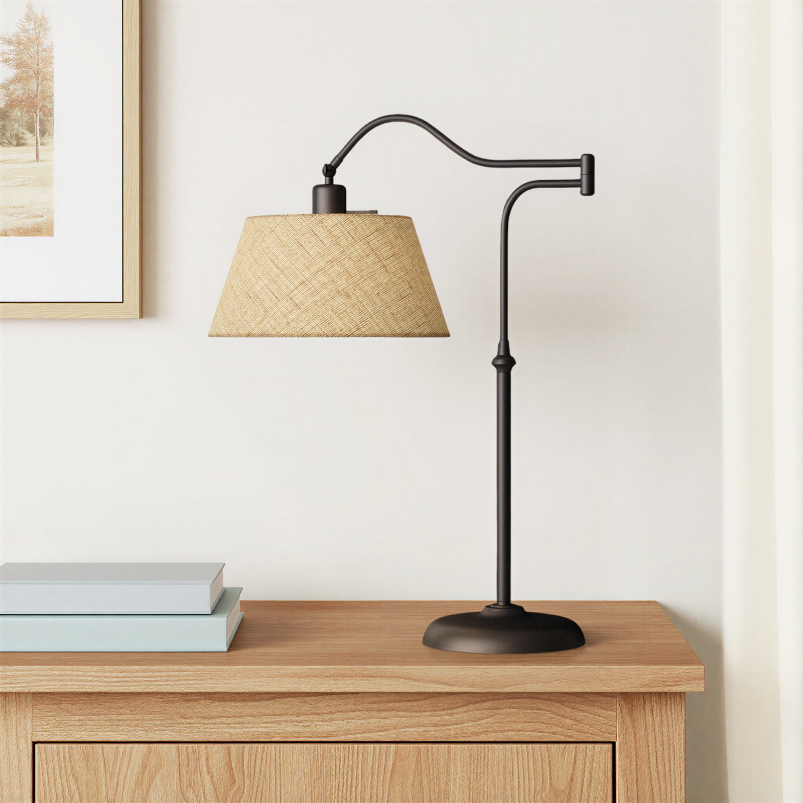 Theodora Adjustable Metal Arched Lamp, Antique Bronze, Khaki, 27" H x 12.5" W x 23" D
