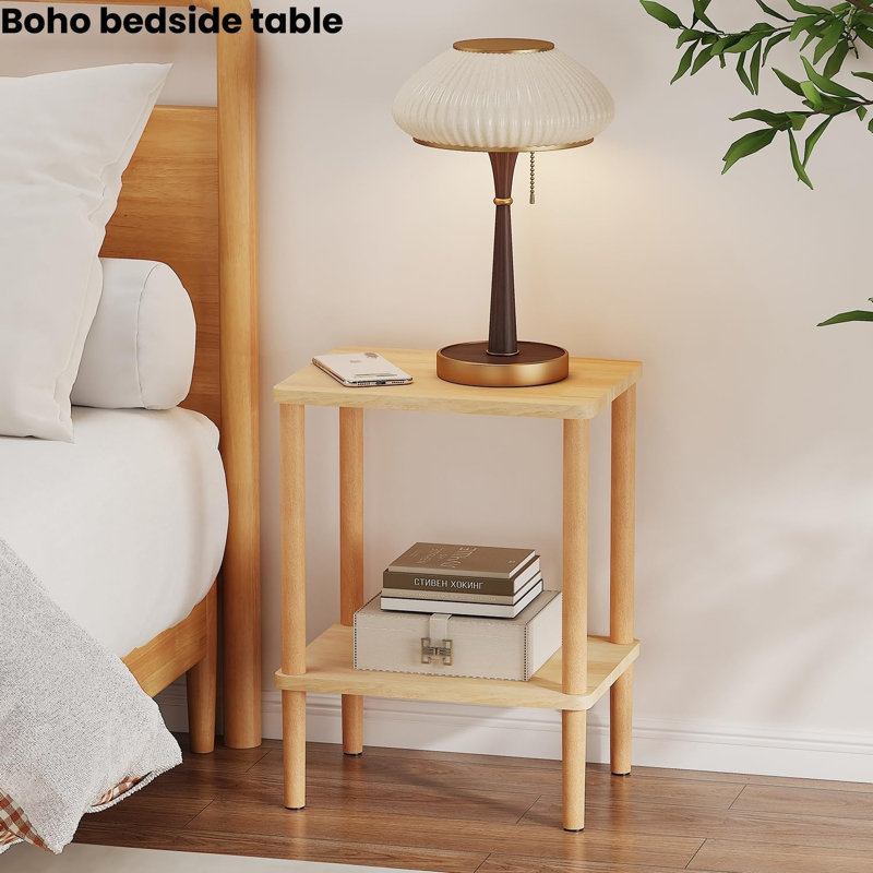 Table de bout étroite à 2 niveaux en bois massif avec tablette