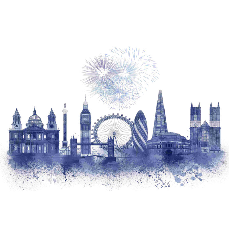 London Skyline, aquarelle, éclaboussures, bleu, H 8 po x l 12 po
