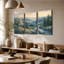 Tableau rustique sur toile avec vue sur un ruisseau de fleurs sauvages et un coucher de soleil sur les montagnes, idéal pour la salle à manger ou la chambre. Parfait pour une chambre ou une salle à manger.-76642700