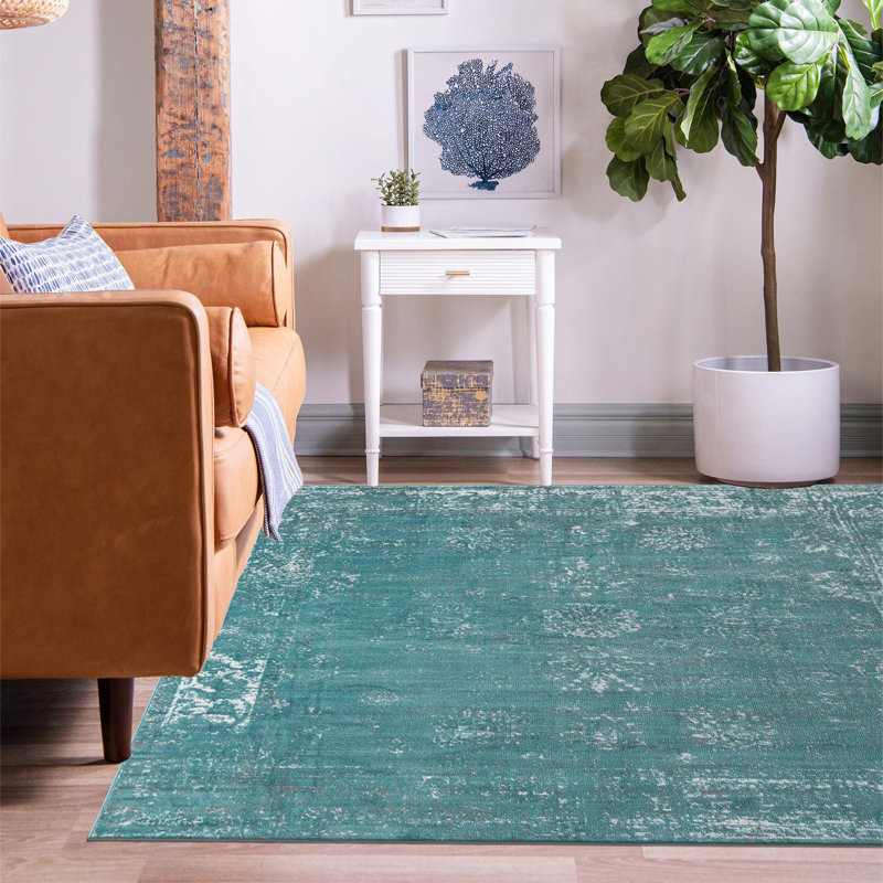Tapis floral turquoise Brandt, Carré 7 pi 10 po x 7 pi 10 po