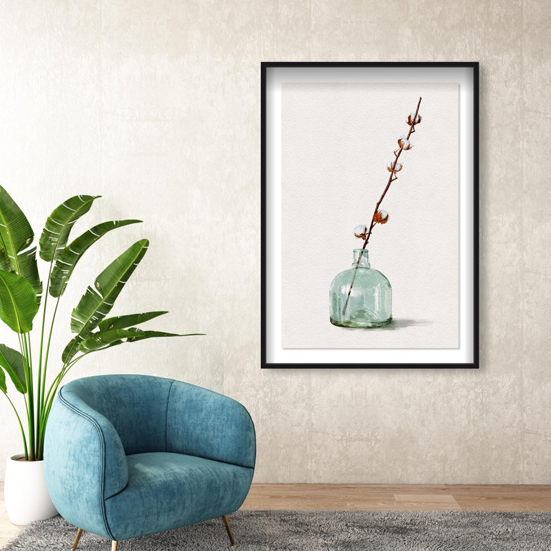 Oliver Gal Cotton in a glass vessel Floral and Botanical - Luxury Shadowbox Framed Wall Art, Black, 56" H x 38" W