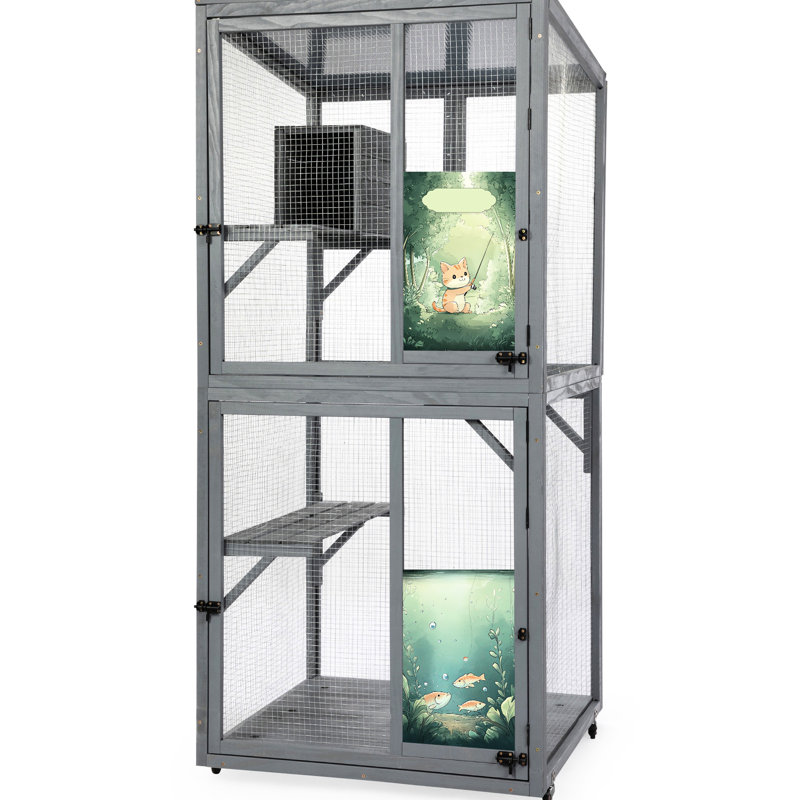 Maisonnette grise pour chat avec roulettes, 3 plateformes de saut relaxantes, porte verrouillable à l'intérieur et motifs colorés, ensemble de couchage privé à roulettes pour activités multiples à l'extérieur de 70 pouces, panneaux personnalisés pour les portes