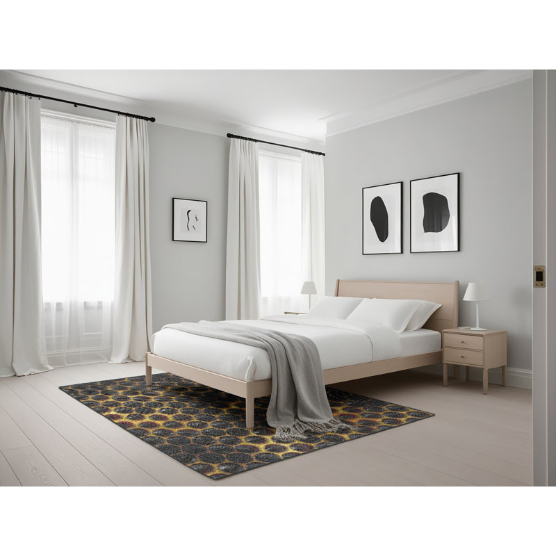 Laine tissé à la machine et polyester noir/jaune Tapis décoratif, Rectangle 5 pi x 7 pi