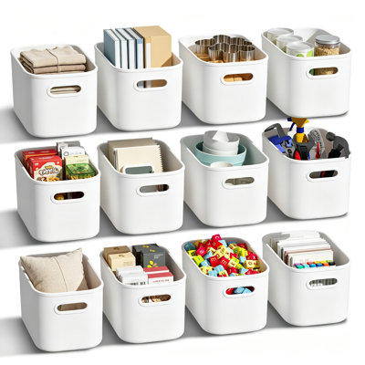 Ensemble de 12 bacs de rangement en plastique blanc, contenant de rangement pour l'organisation, boîtes de rangement avec poignée pour tablettes, bacs de rangement pour l'artisanat, collations, garde-manger, armoire, 9,69 po x 6,7 po x 5,7 po