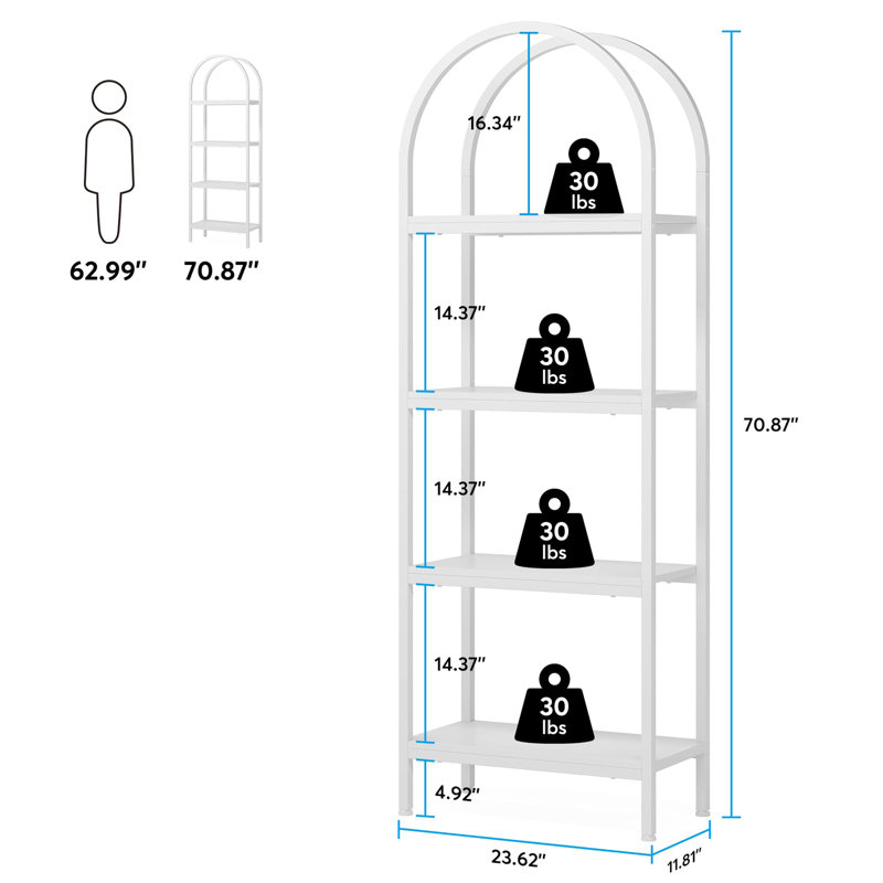 4 Layers Open Industrial Arched Bookcase Storage Rack, White