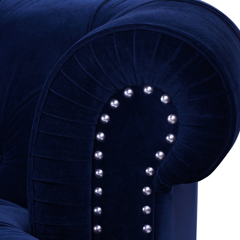 Joannes Velvet Rolled Arm Chesterfield, Navy Blue, 32" H x 83.5" W x 38" D