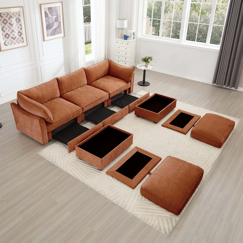 Canapé en U à 3 places avec 2 repose-pieds et tiroirs coulissants, Chenille orange