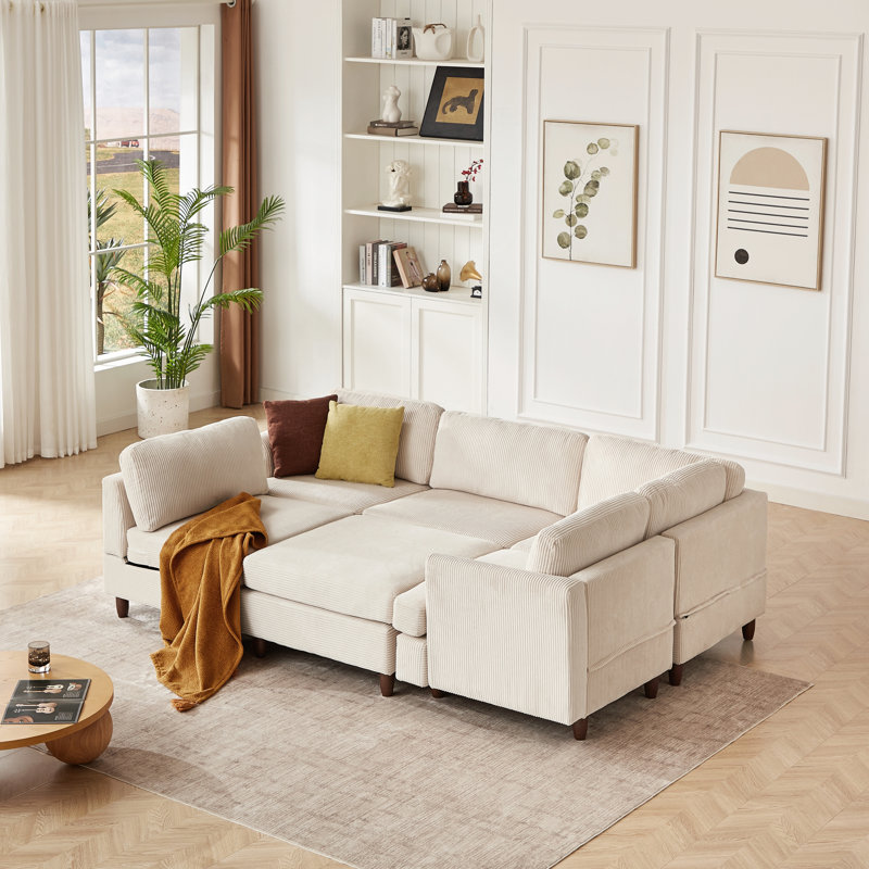 Canapé modulaire moderne, canapé convertible 6 places, Velours côtelé beige