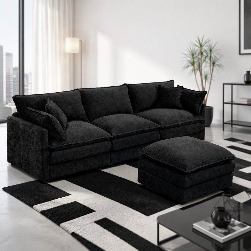 Canapé modulaire modulaire, ensemble de canapé en forme de L de 102 pouces pour le salon, canapé à 3 places confortable avec repose-pieds mobile, combinaison de bricolage, chenille, noir