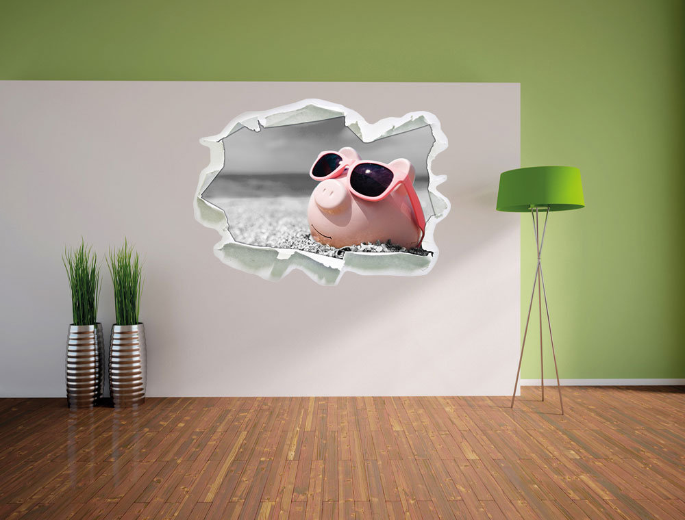 Cooles Sparschwein mit Sonnenbrille am Strand Wandaufkleber