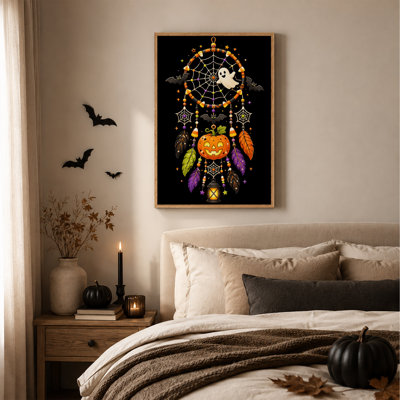 Dreamcatcher With Ghost Bats And Pumpkin Halloween Canvas Wall Art