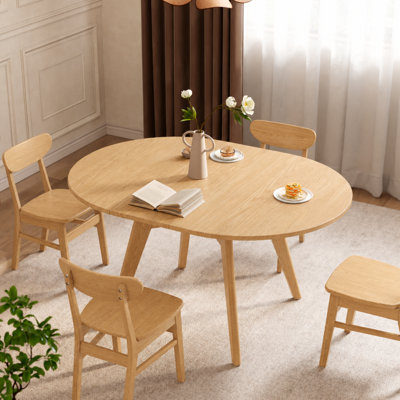 Extendable Dining Table Round to Oval, Solid Wood Expandable Table for 4 to 8 People with Leaf and Hidden Storage, Space Saving Dining Table