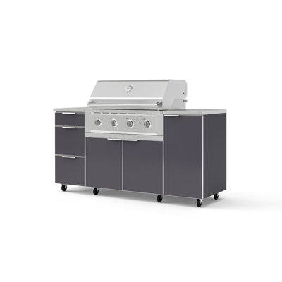 Outdoor Grill Island Aluminum Black 6 Piece Cabinet Set with Casters 1 Door, 3 Drawer, Grill Cabinet, 36" Liquid Propane Performance Grill and 16" SS Tops