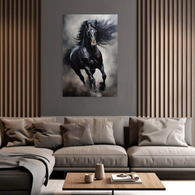 Horse Canvas Wall Art Black Running Horse Picture Print Animal Painting Poster For Living Room Decor Framed (16.00" X 24.00")
