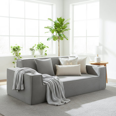  76'' Corduroy Boneless Loveseat with Cup Holders, Compression Sofa in a Box, Modern Couch for Living Room, Apartment or Office, No Assembly Required, Gray