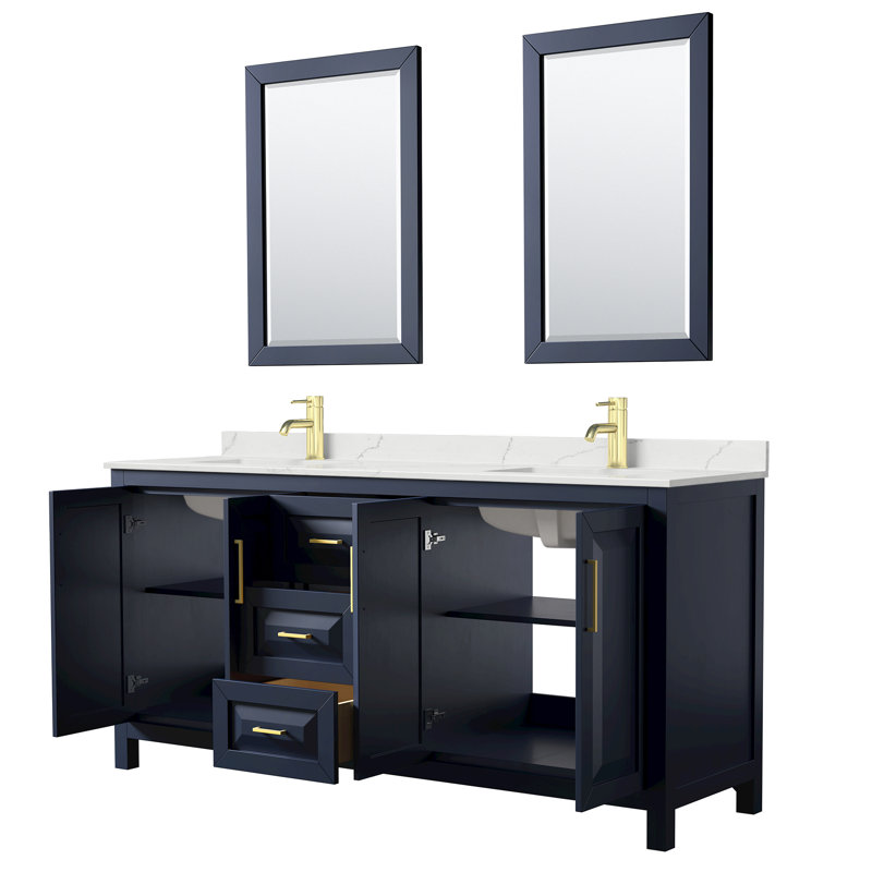 Daria 72'' W Vanity, White Quartz, Blue, Brushed Gold