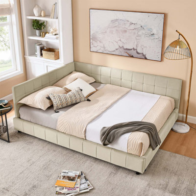 Structure de lit capitonnée de style Mid-Century avec dossier et accoudoirs confortables pour la chambre à coucher et le salon