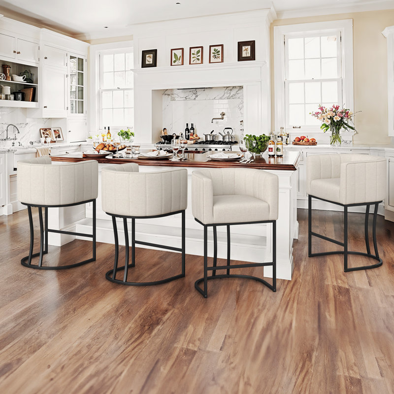 Kuenn 26.4" H Counter Height Bar Stools Set Of 4, Modern Barrel Counter Stools With Backrest And Arms, Metal Legs, Upholstered Accent Barstools For Kitchen Island