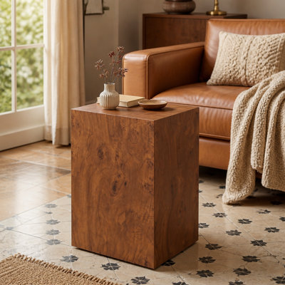 Premium Burl Walnut Veneer MDF Cube Table, Height Adjustable Multi-purpose Coffee Side End Table for Living Room, 11.8"×11.8"×19.7", No Extra Items Included