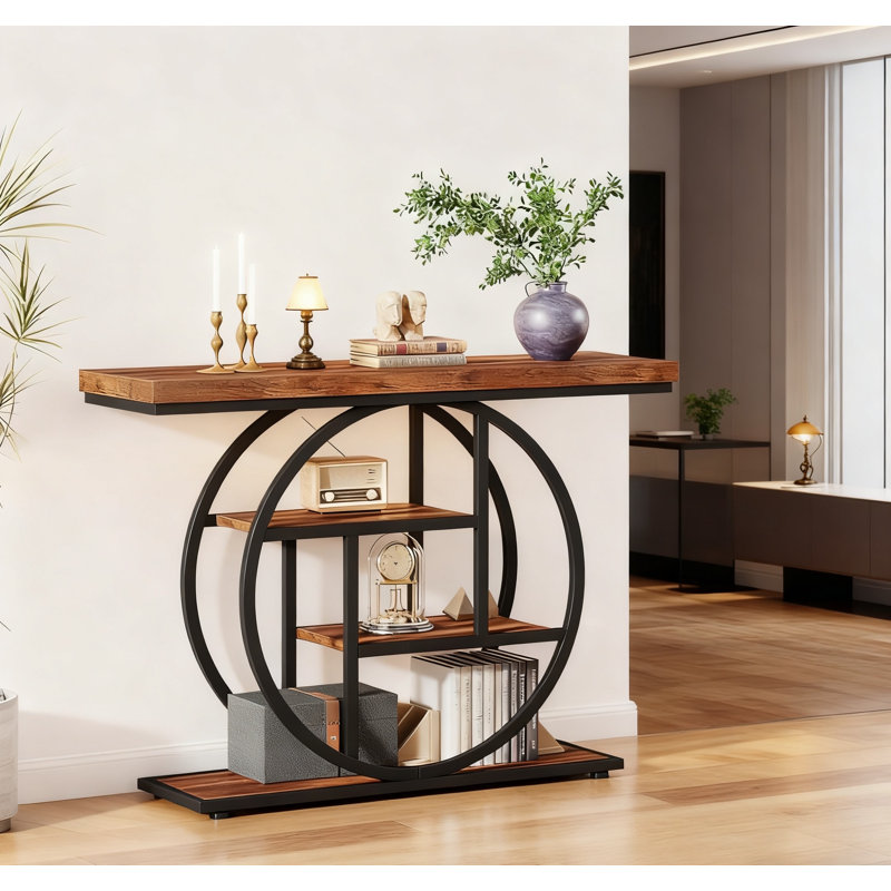 Console de 41,3 po avec tablettes et tables d'appoint en bois, brun, Brun, Noir / brun