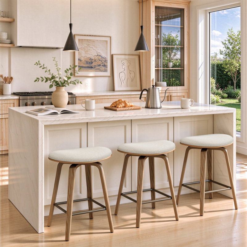 Swivel Upholstered Counter Stool, Beige, 4