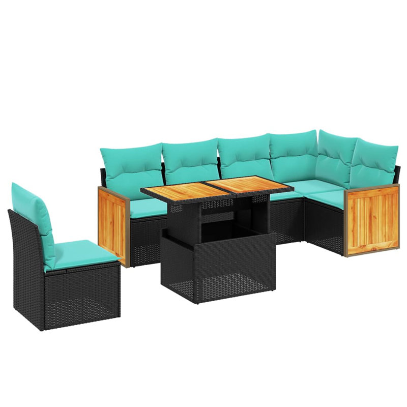  Ensemble de canapé de patio 7 pièces avec coussins en rotin de polyester, Noir, Vert