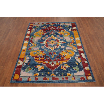 Handmade Blue Floral Oushak Vegetable Dye Rug 5x7